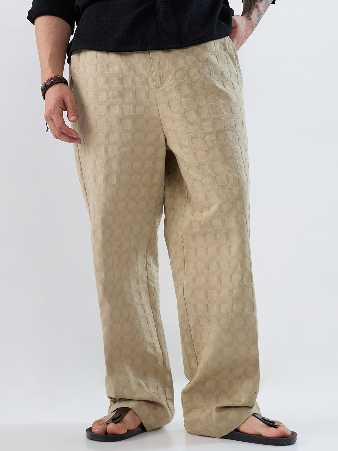 Light Khaki Square Emboss Straight-Fit Trousers