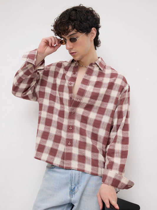Vintage Maroon Handloom Inspired Checks Boxy Fit Crop Shirt