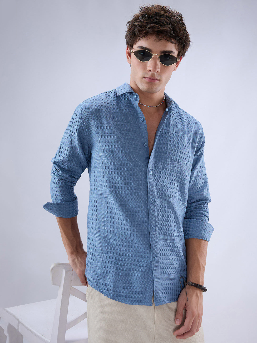Intricate Columbia Blue Raised Motif Textured Shirt