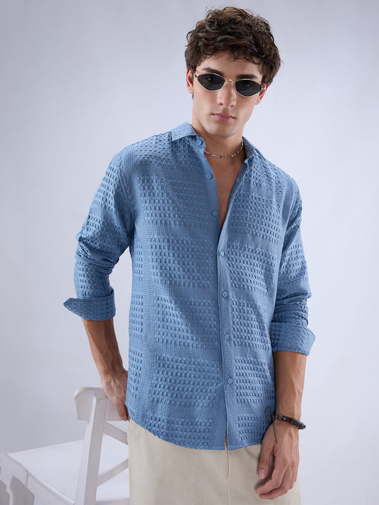 Intricate Columbia Blue Raised Motif Textured Shirt