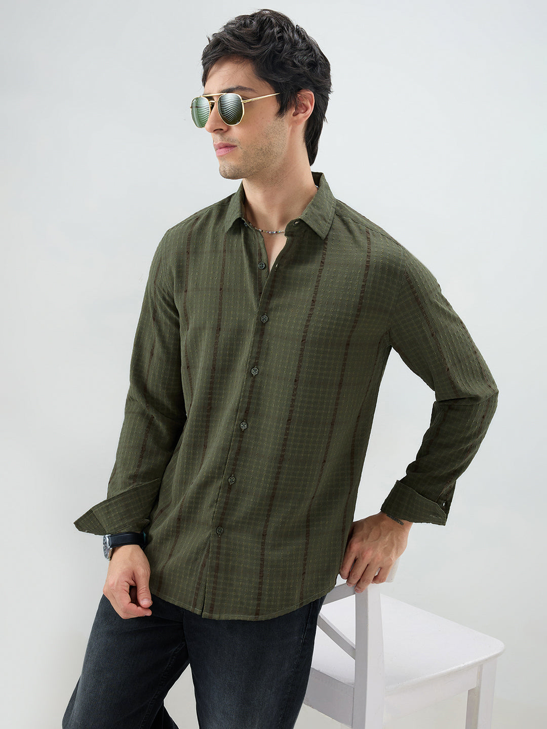 Olive Micro Checks Textured Shirt