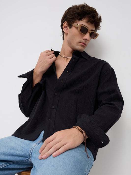 Black Seersucker Striped Boxy Fit Crop Shirt
