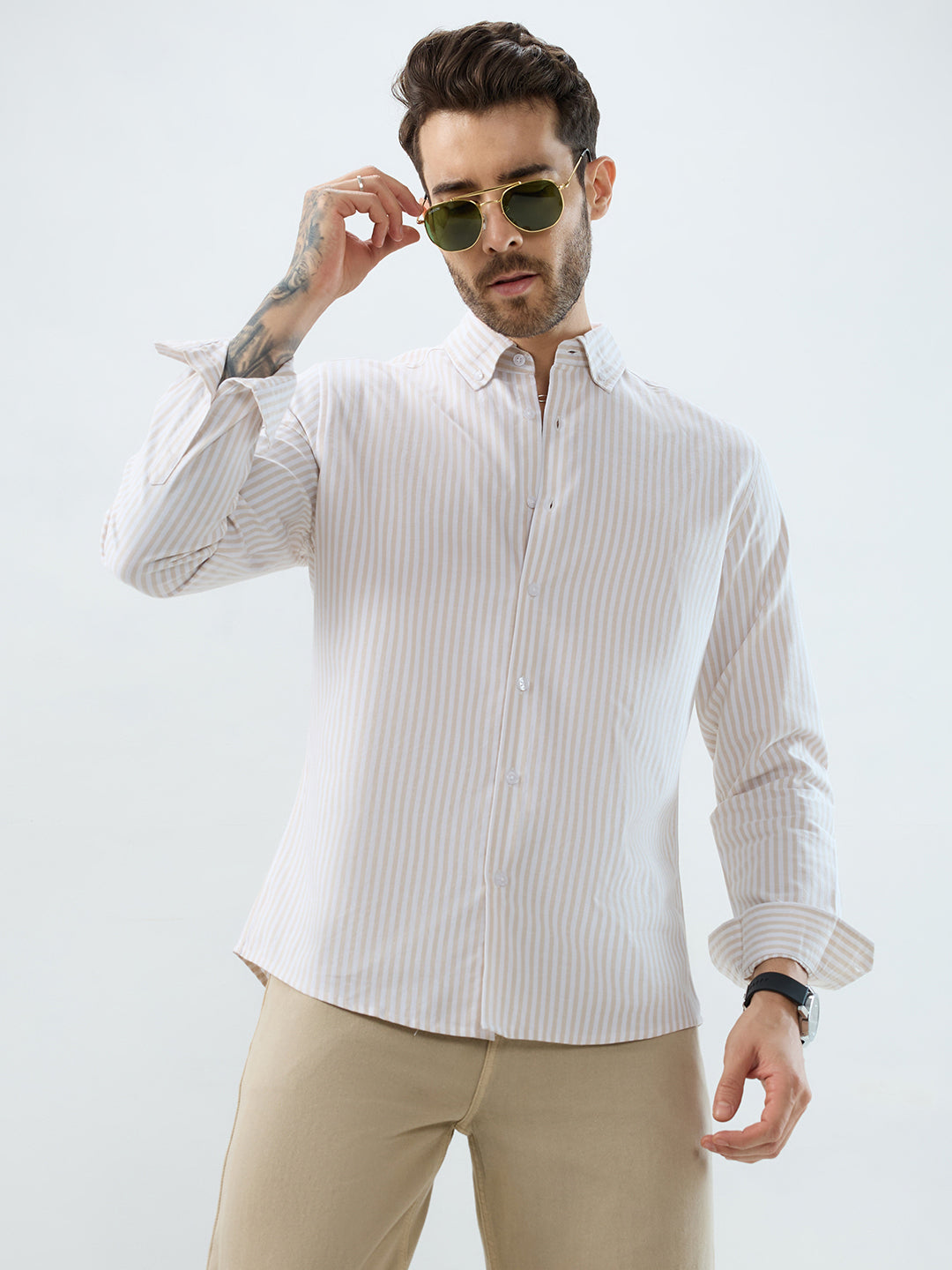 Natural Beige Candy Striped Oxford Button-Down Business Shirt