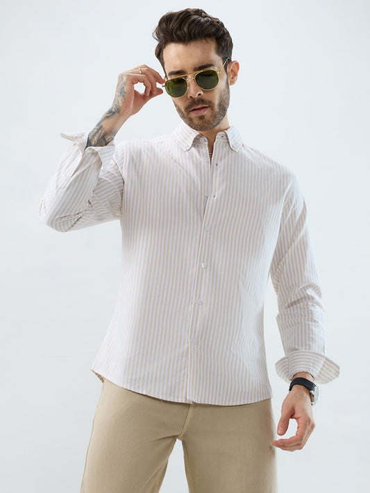 Natural Beige Candy Striped Oxford Button-Down Business Shirt