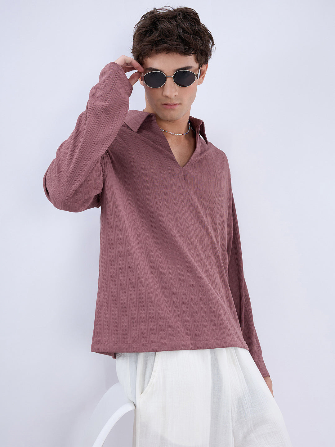 Heather Purple Fine Weave Oversized Knitted Polo Shirt