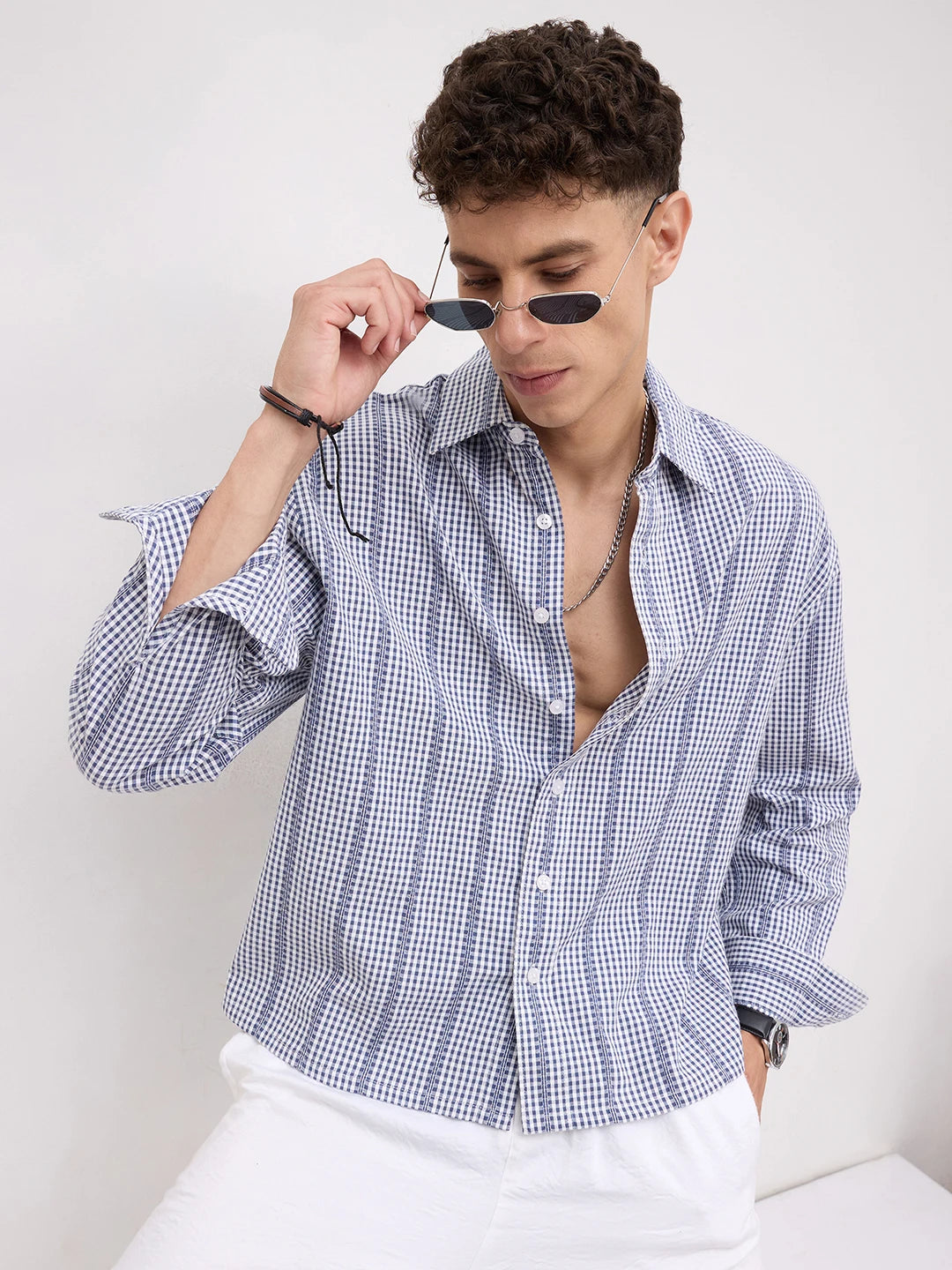 Breezy Blue Vacation Checks Boxy Fit Crop Shirt