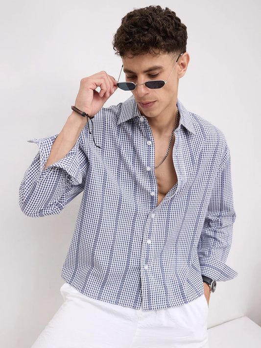 Breezy Blue Vacation Checks Boxy Fit Crop Shirt