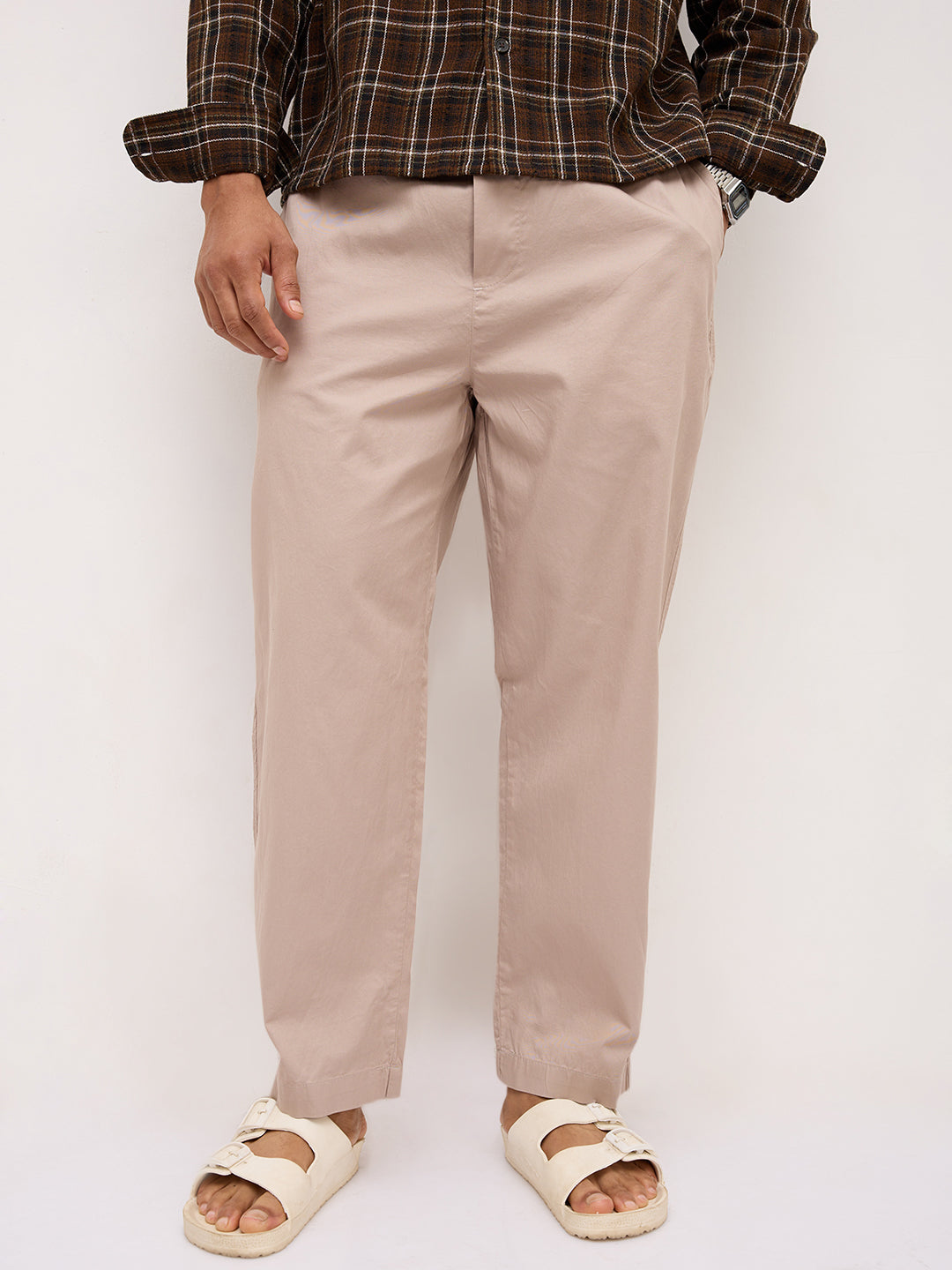 Solid Sand Beige Tapered Trousers