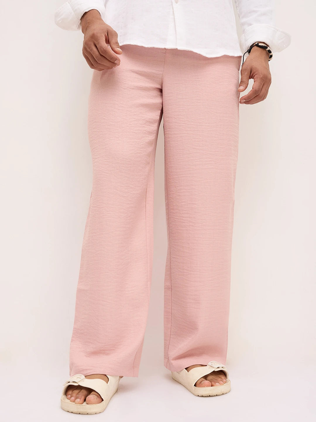 Elegant Champagne Pink Crinkled Wide Leg Trousers