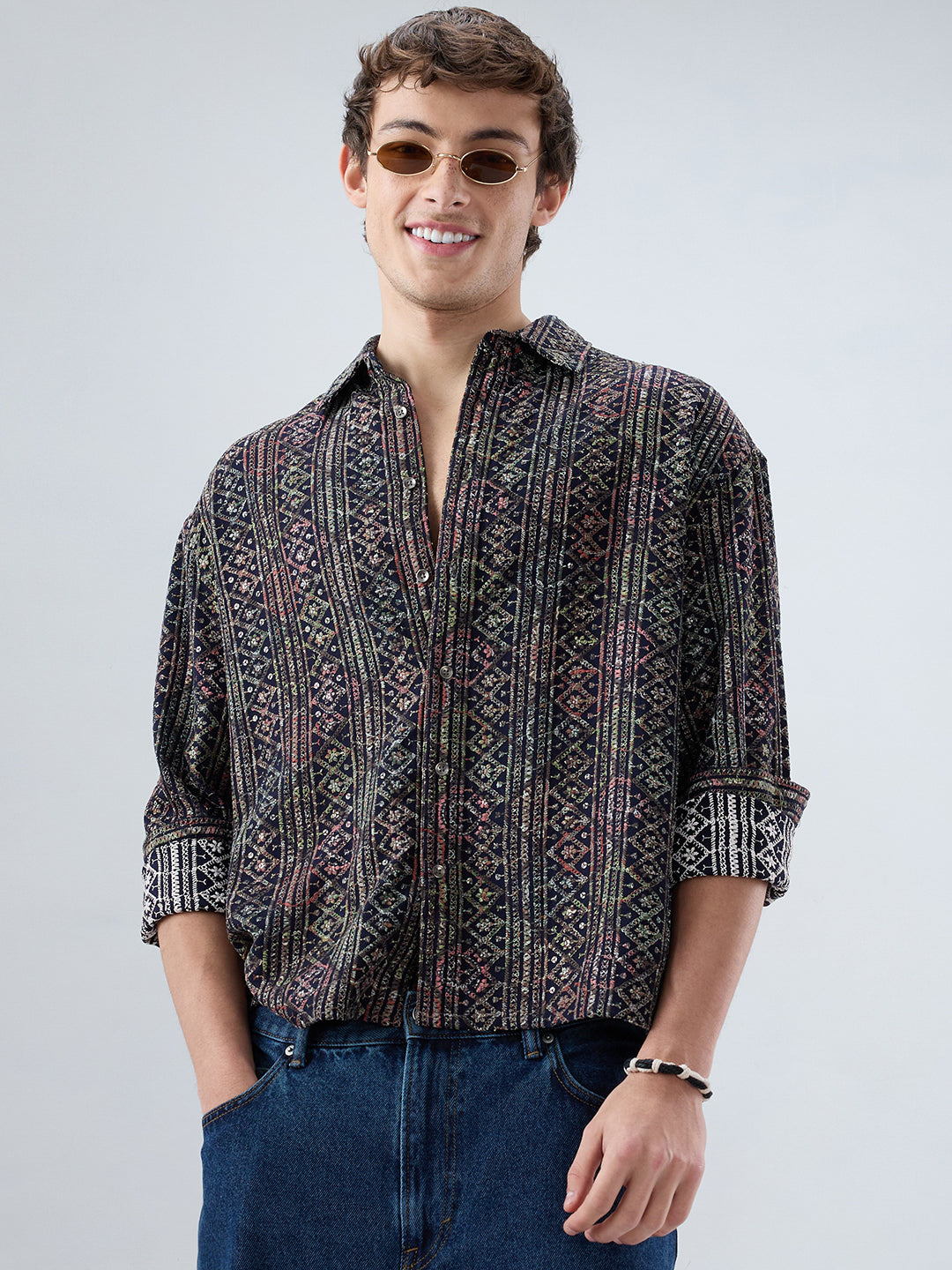 Noor Drop Black Sequin Lozenge Embroidered Boxy Fit Crop Shirt