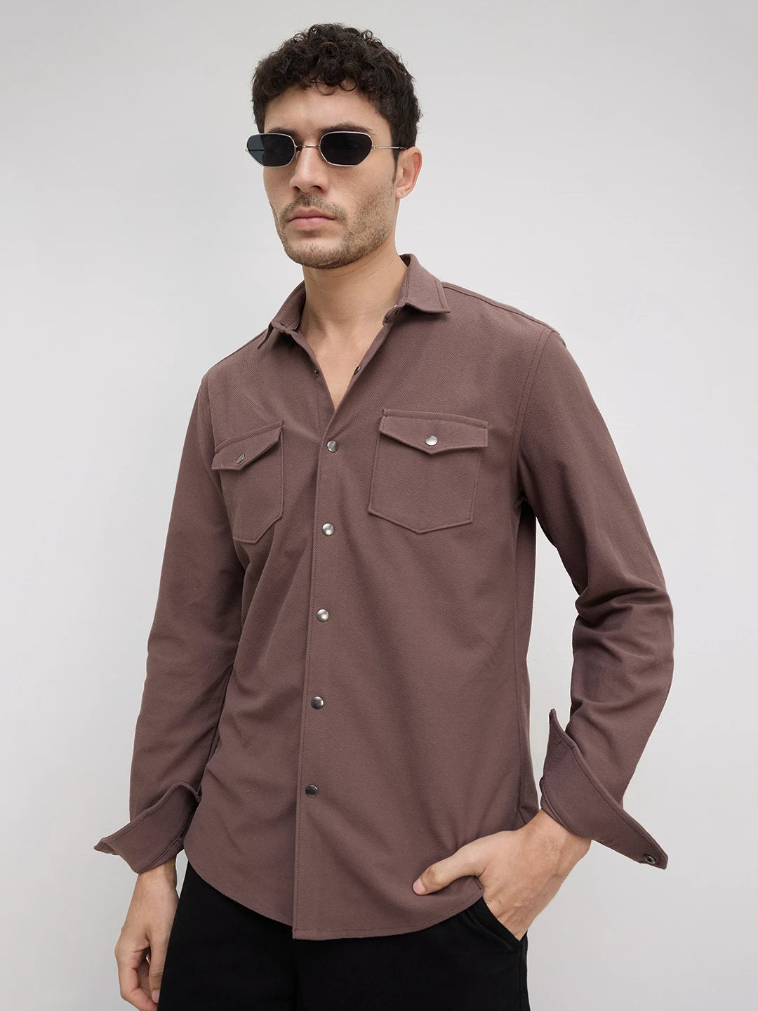 Dusty Brown Twin Flap Pocket Knitted Overshirt