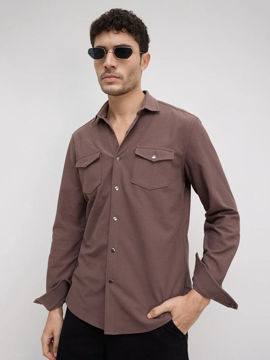 Dusty Brown Twin Flap Pocket Knitted Overshirt