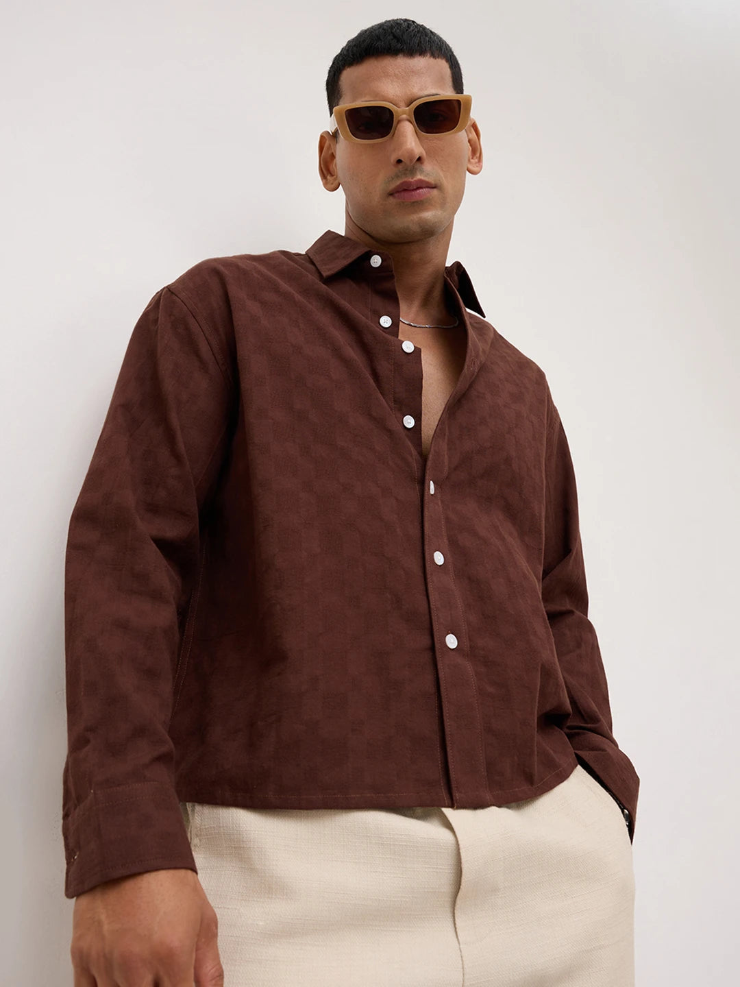 Coffee Brown Square Weave Boxy Fit Crop Shirt