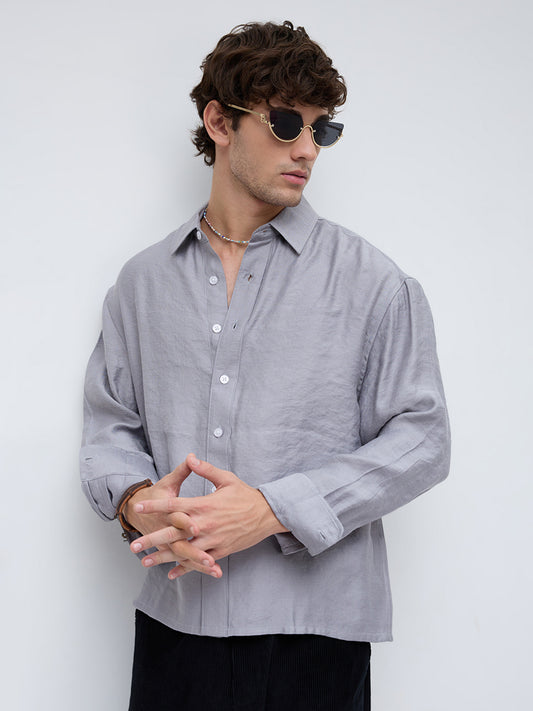 Ash Grey Crinkled Boxy Fit Crop Shirt