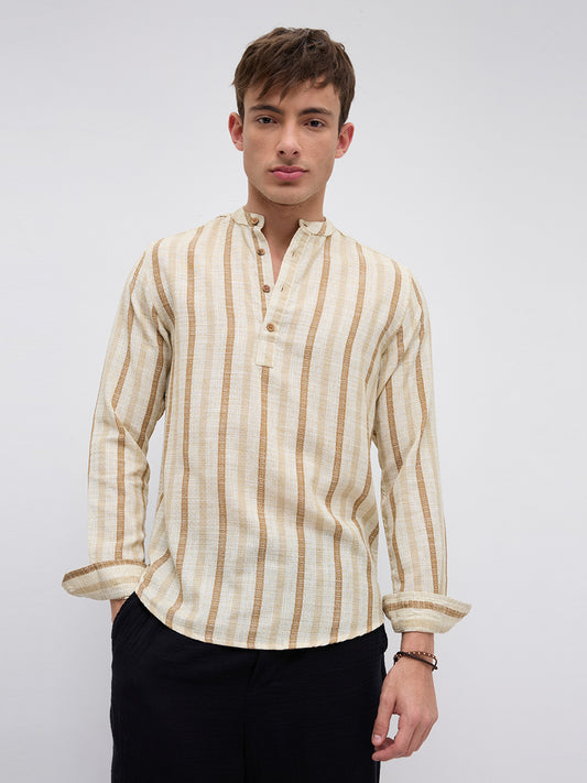 Dessert Sand Beige Jacquard Woven Striped Kurta
