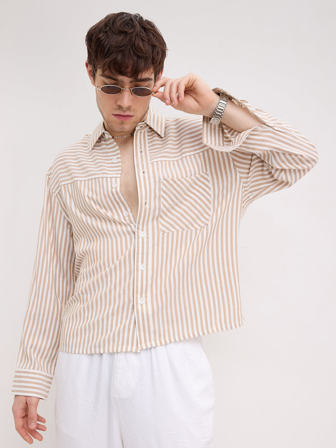 Timeless Khaki Striped Boxy Fit Crop Shirt