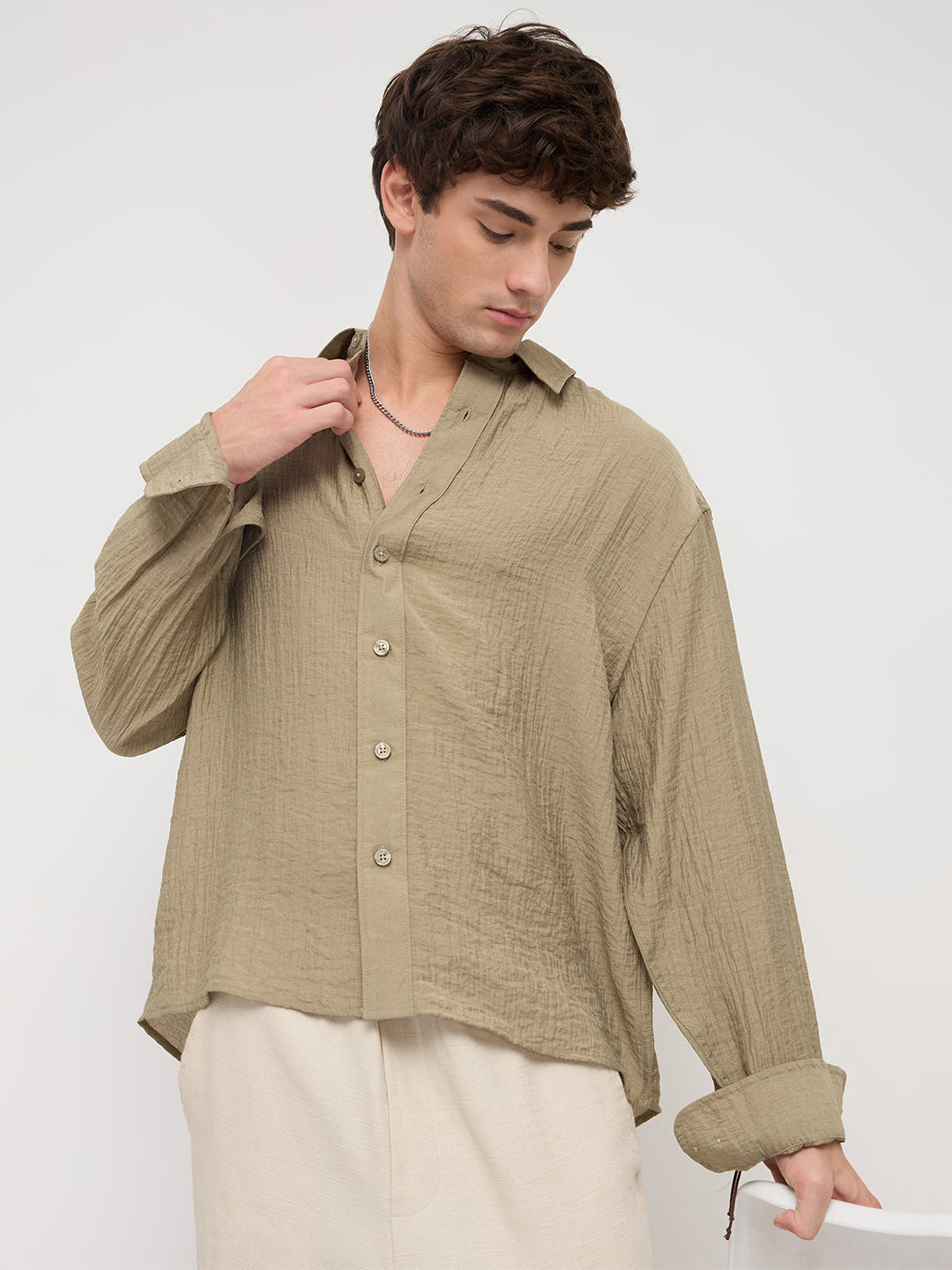 Olive Sheer Crinkled Boxy Fit Crop Shirt