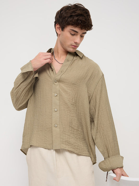 Olive Sheer Crinkled Boxy Fit Crop Shirt
