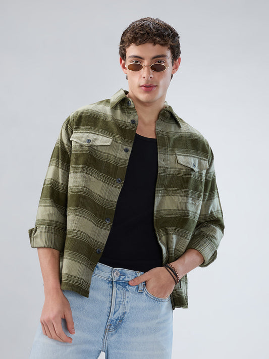 Forest Olive Grid Double Pocket Flannel Shirt