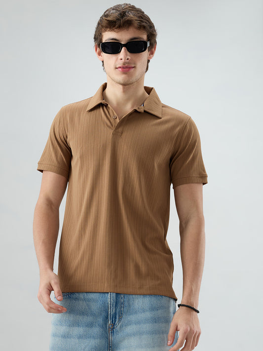 Refined Brown Hairline Striped Polo Knit T-Shirt