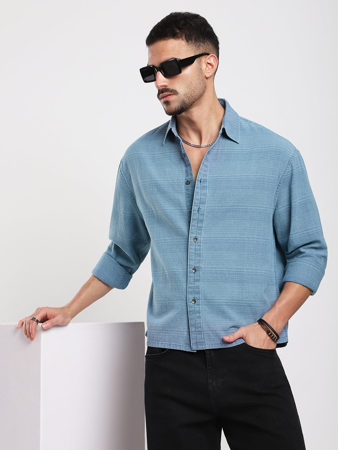 Denim Blue Crosshatch Textured  Boxy Fit Crop Shirt