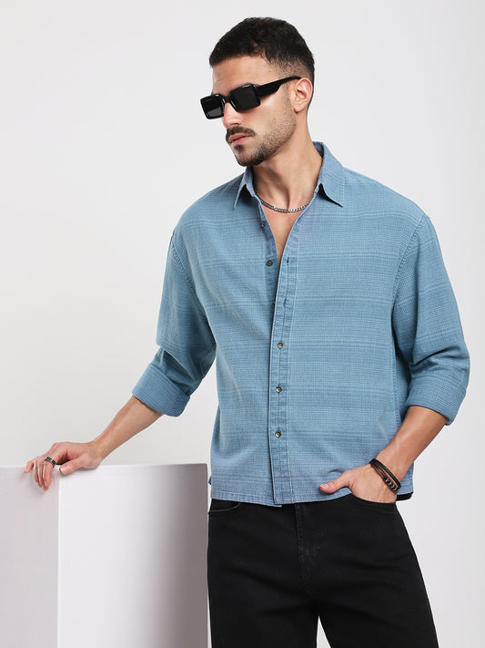 Denim Blue Crosshatch Textured  Boxy Fit Crop Shirt