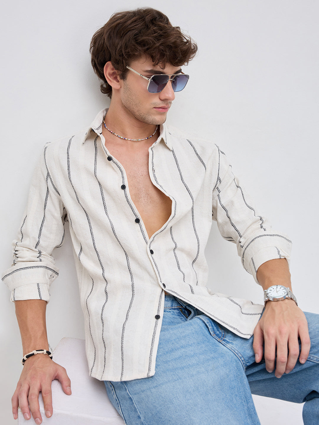 Ivory & Black Embroidered Striped Shirt