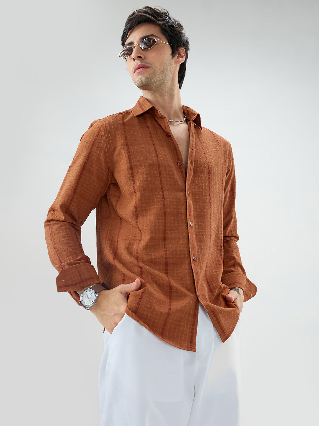 Rust Micro Checks Textured Shirt
