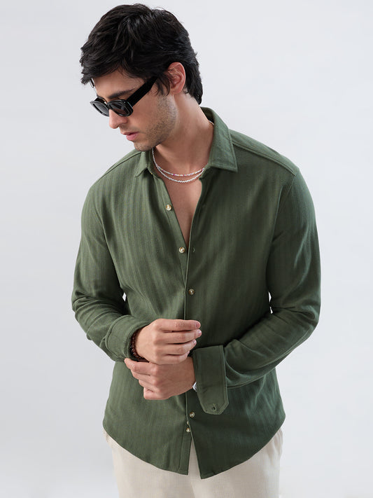 Olive Herringbone Textured Knitted Shirt