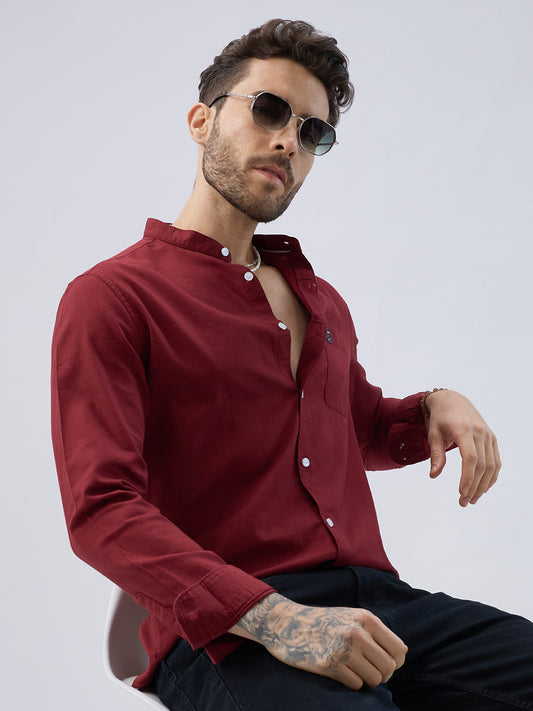 Elegant Berry Red Mandarin Collar Shirt