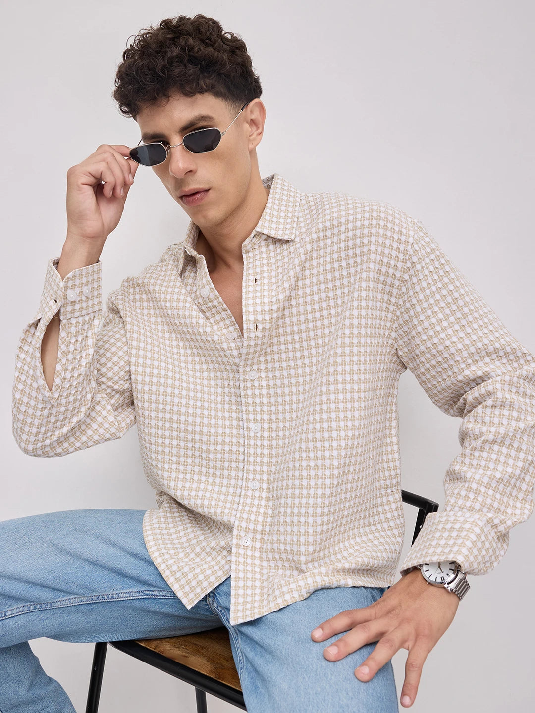 Beige Mosaic Textured Boxy Fit Crop Shirt
