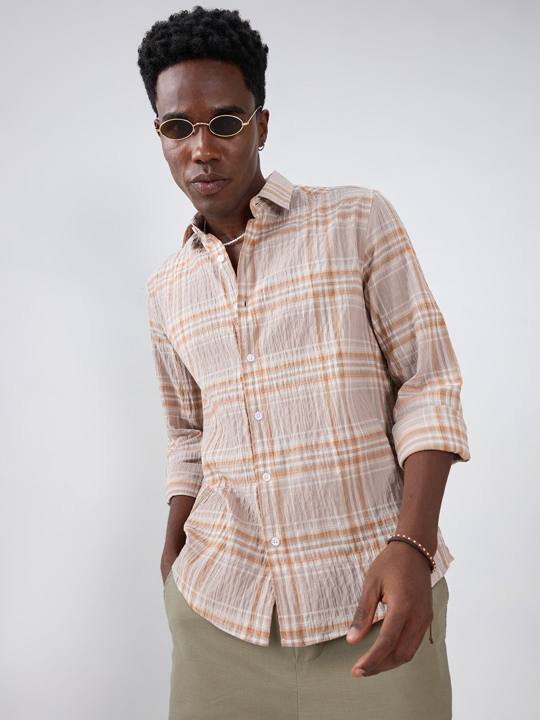 Grey & Rust Plaid Checks Crinkled Shirt