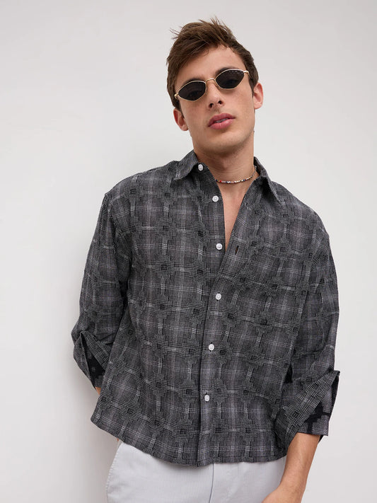 Monochrome Glitch Micro Check Matrix Cuffless Oversized Crop Shirt