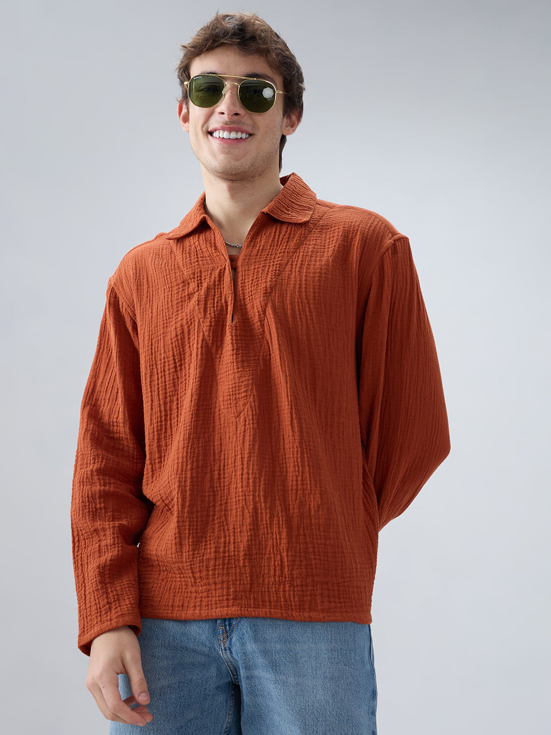 Rust Double Cloth Cuffless Oversized Shirt