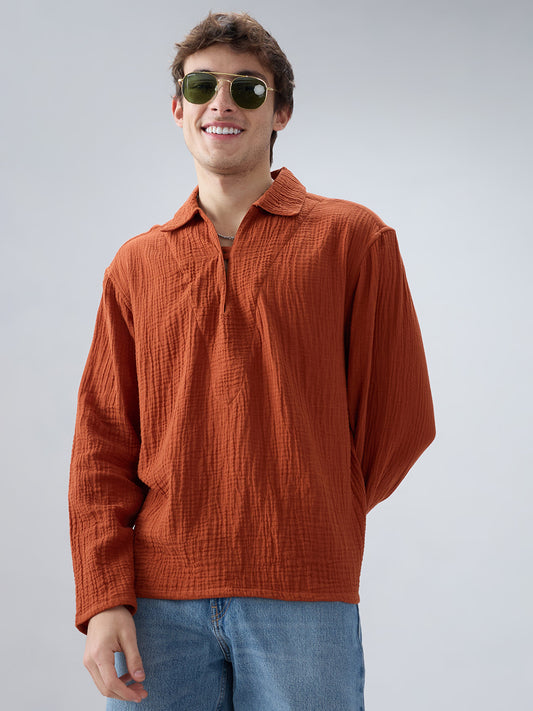 Rust Double Cloth Cuffless Oversized Shirt