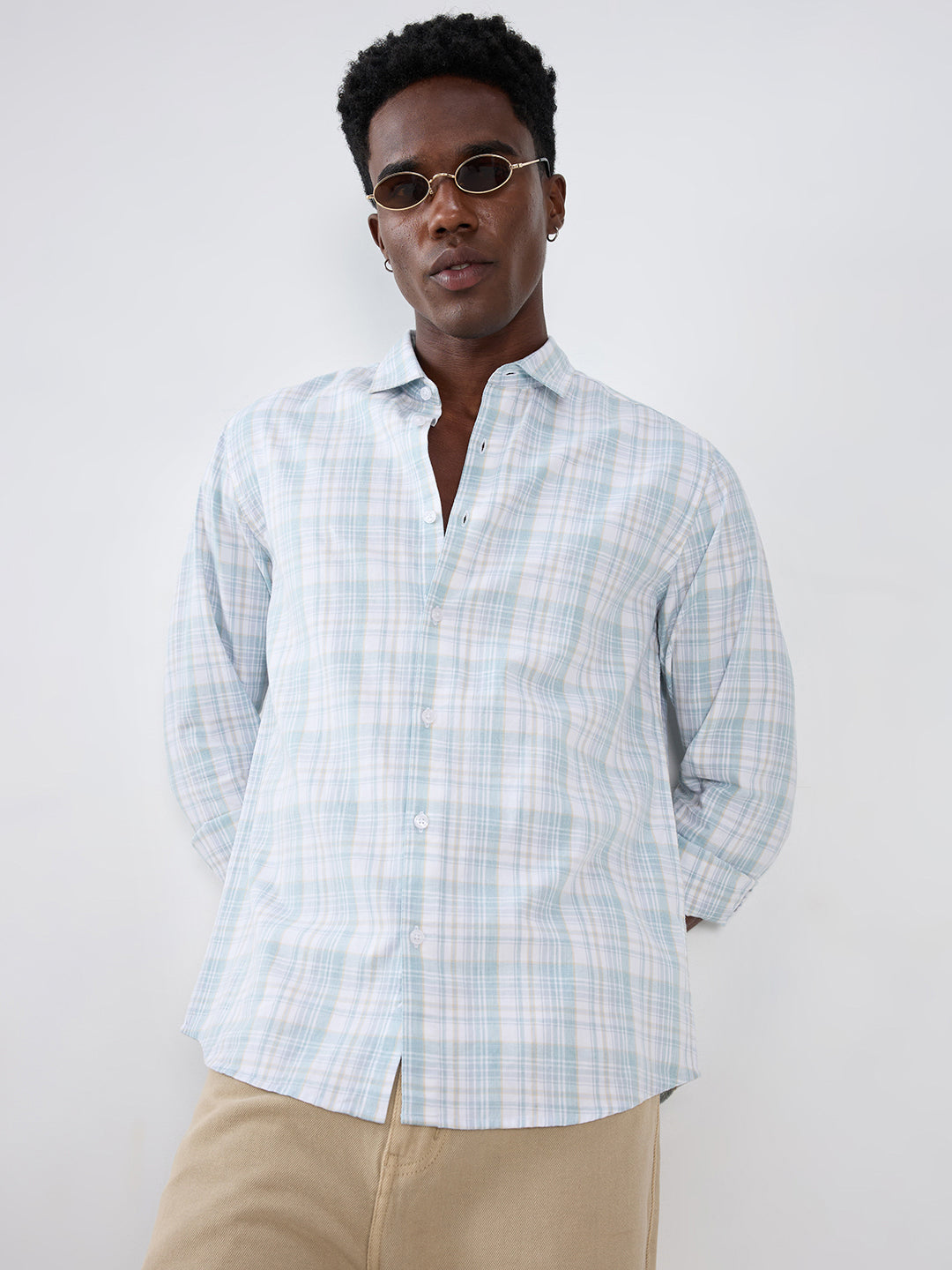 Washed Sage Green Fine Line Grid Checks Shirt