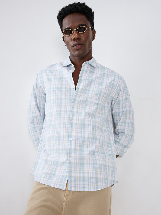 Washed Sage Green Fine Line Grid Checks Shirt