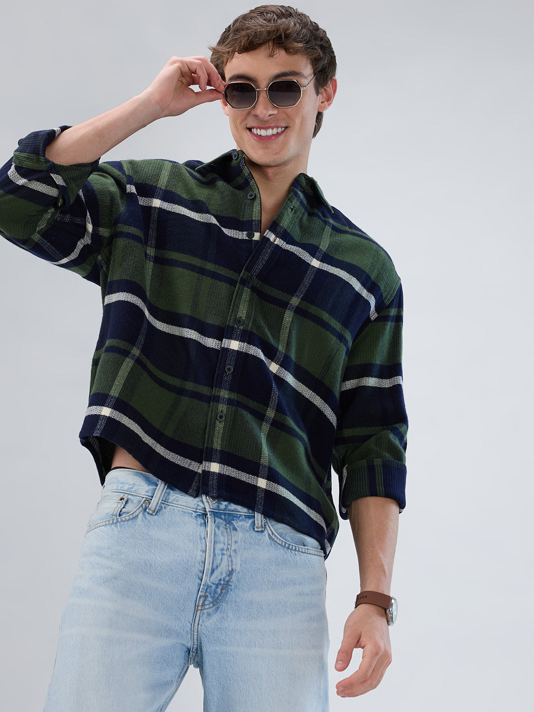 Olive & Navy Checked Boxy Fit Crop Flannel Shirt