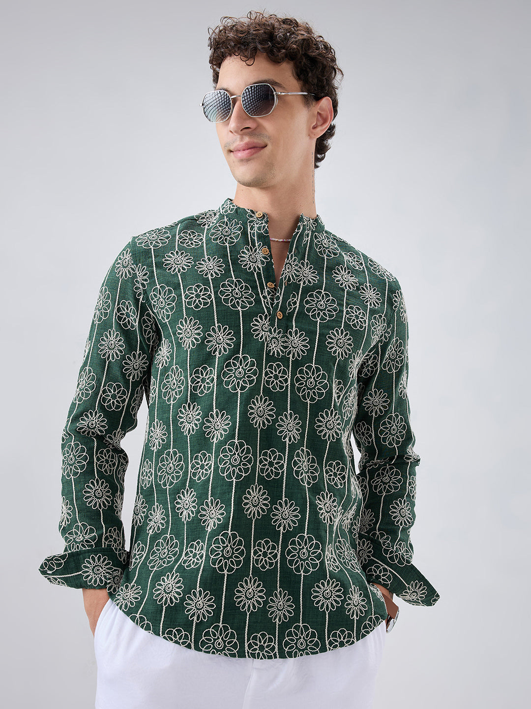 Emerald Green Floral Panel Embroidered Kurta