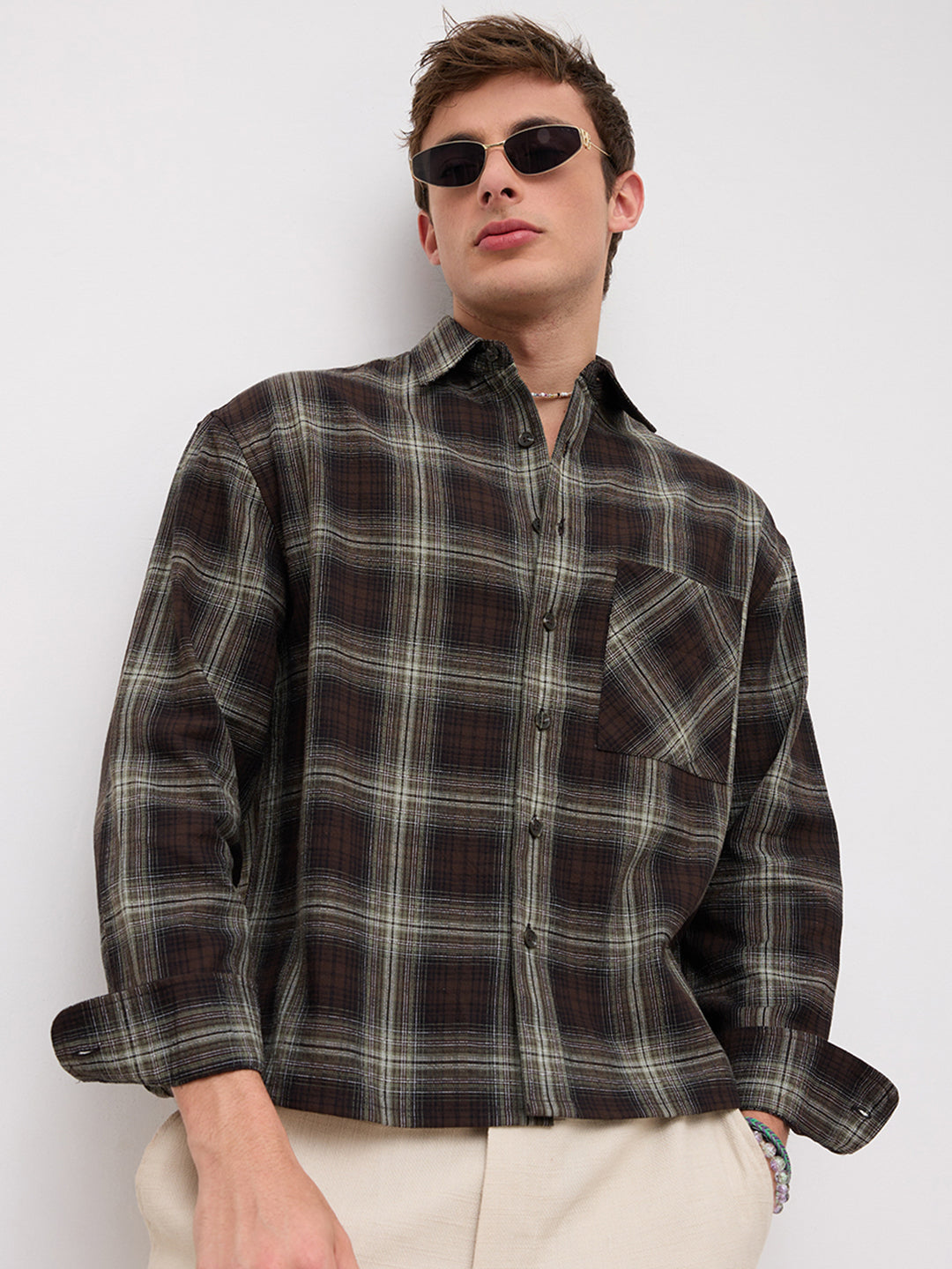 Brown & Mint Green Contrast Fine Checks Boxy Fit Crop Shirt