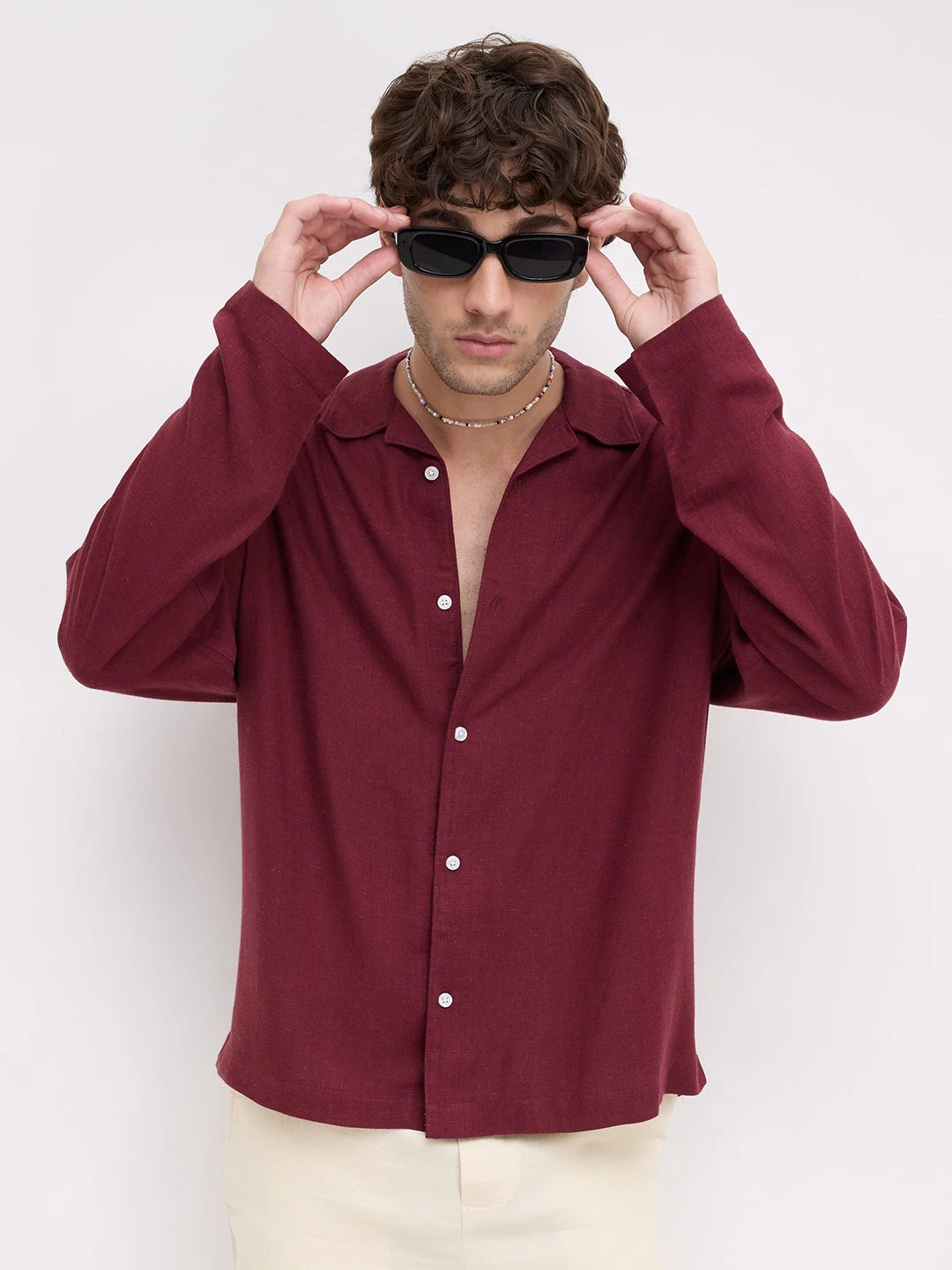 Maroon Fine Textured Linen Blend Notch Collar Oversized Shirt