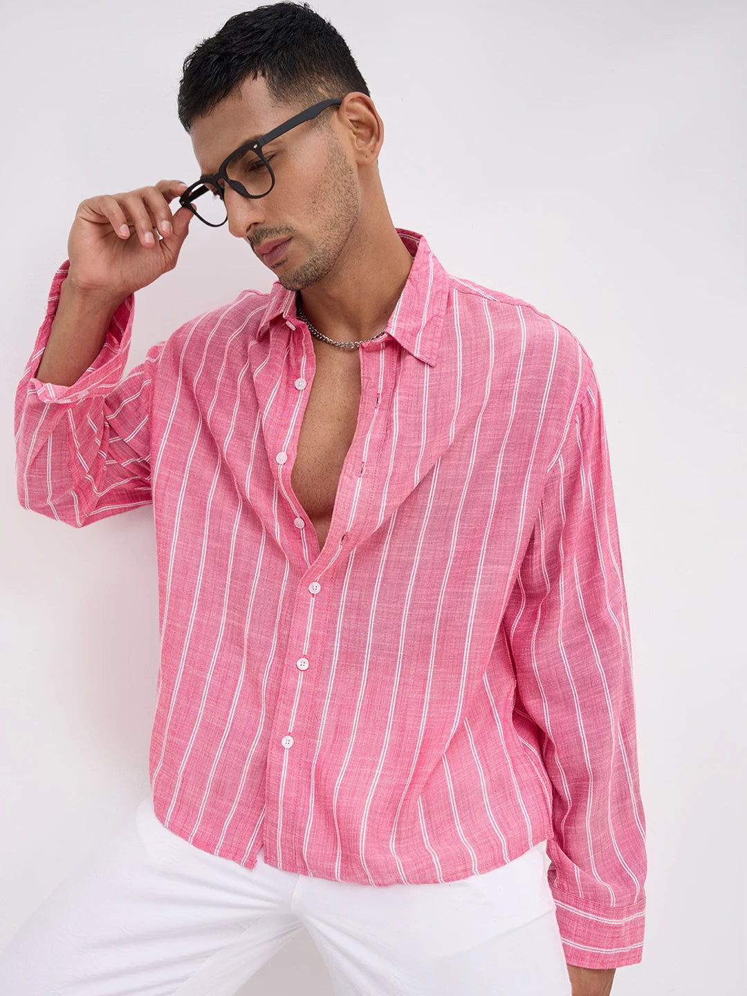 Romantic Rose Pink Striped Boxy Fit Crop Shirt