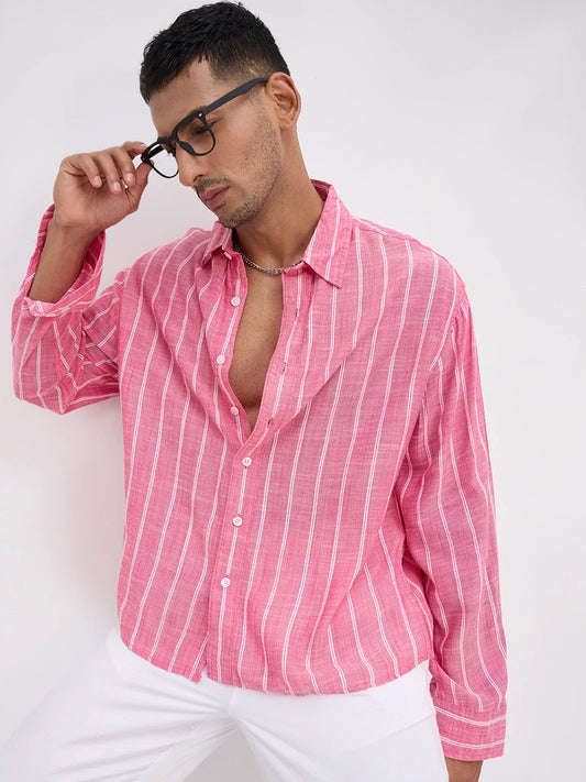 Romantic Rose Pink Striped Boxy Fit Crop Shirt
