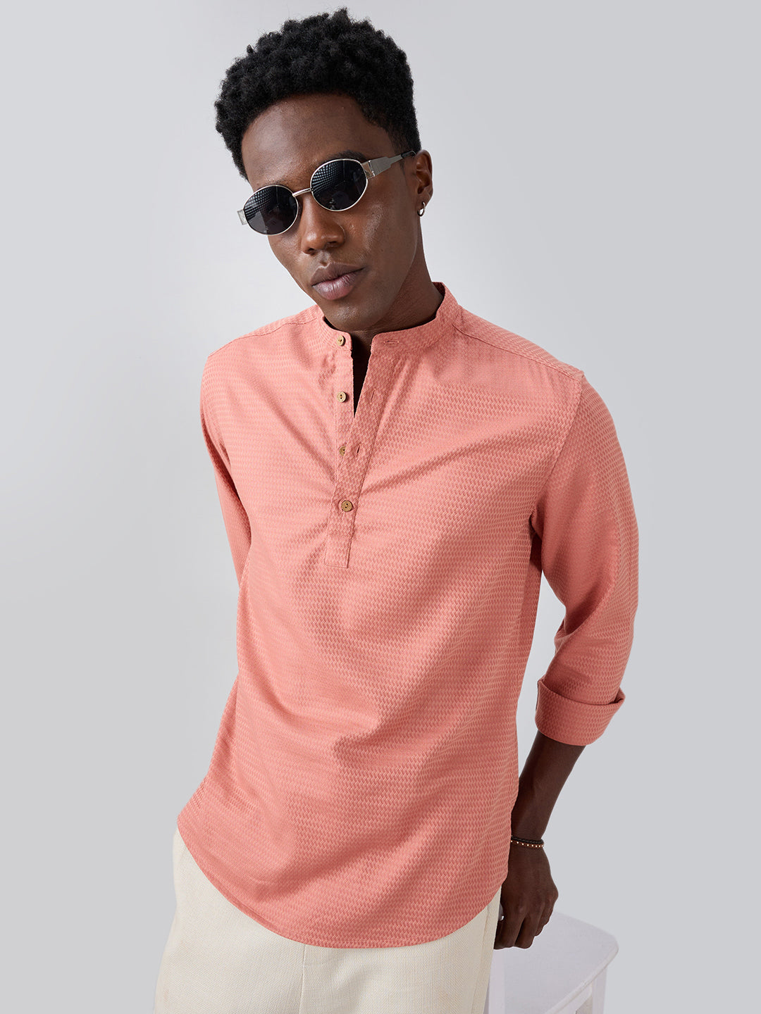 Creamy Peach Wavy Textured Kurta