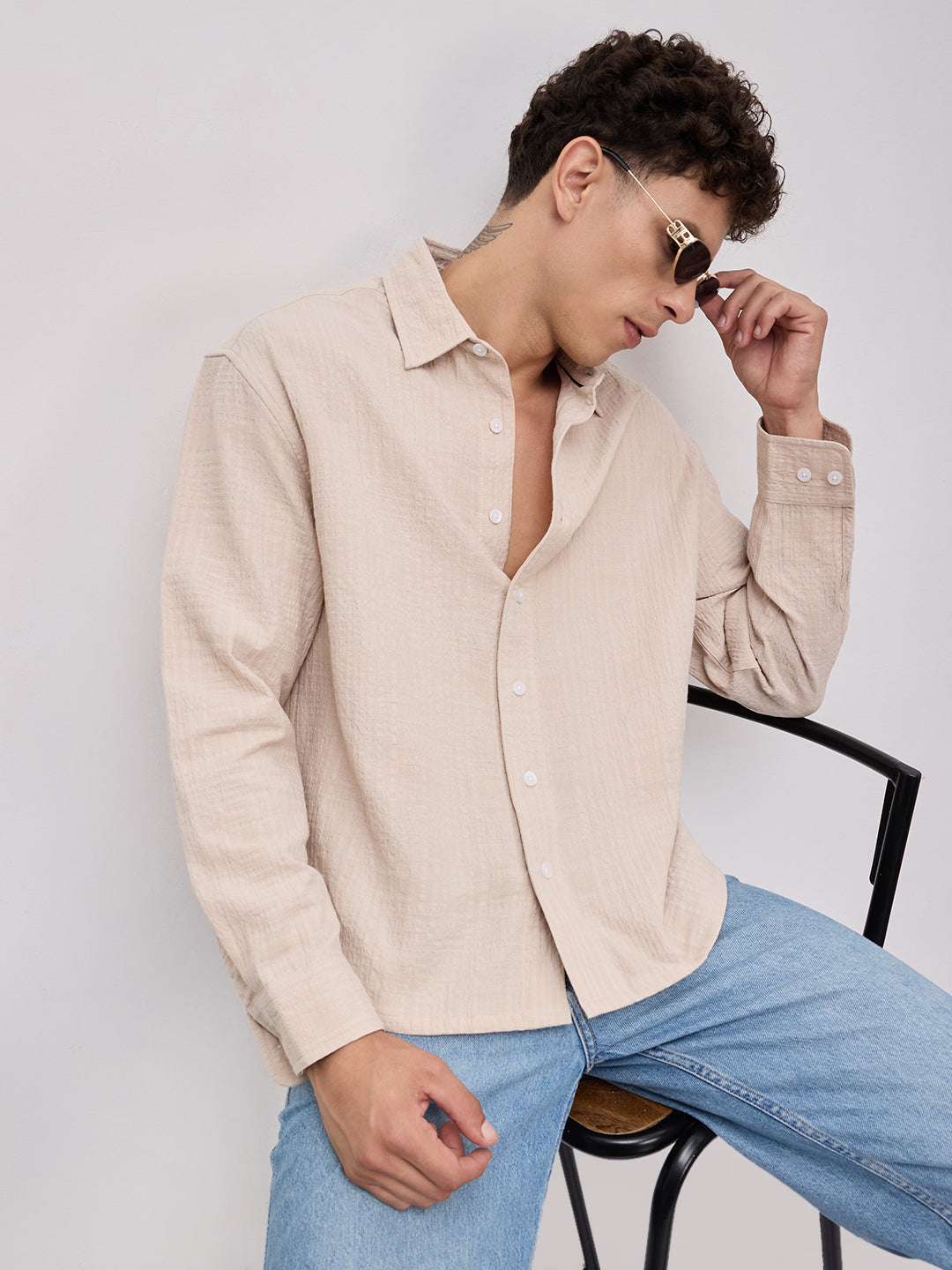 Beige Double Cloth Gauze Textured Boxy Fit Crop Shirt