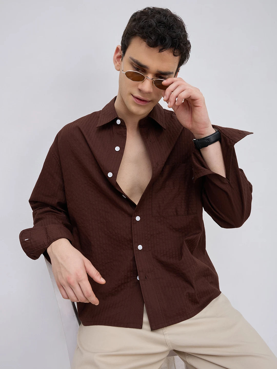 Espresso Brown Pinstriped Boxy Fit Crop Shirt