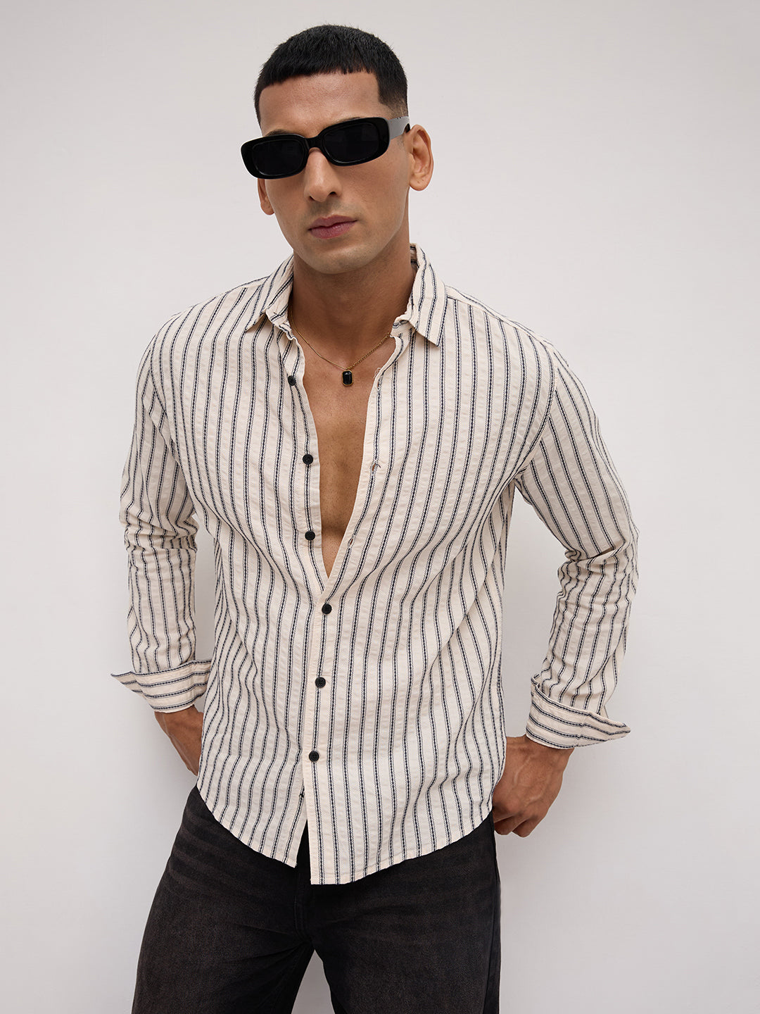 Luxe White & Navy Embroidered Striped Shirt