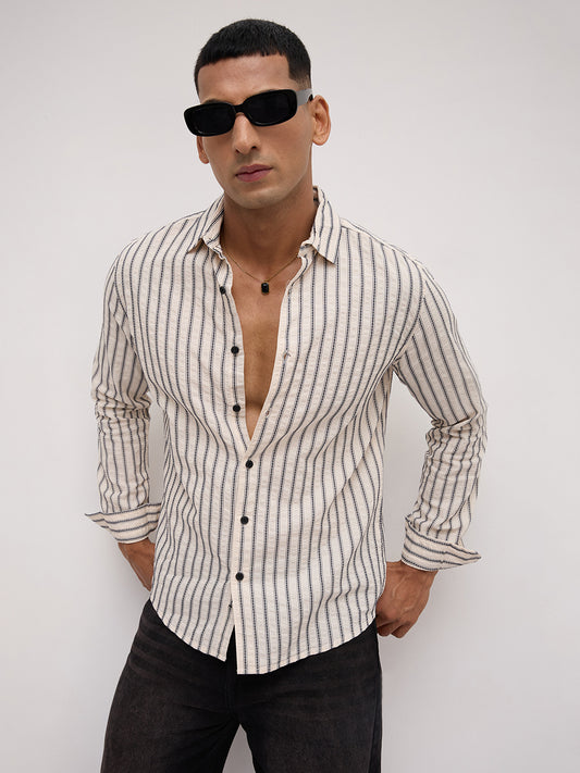 Luxe White & Navy Embroidered Striped Shirt