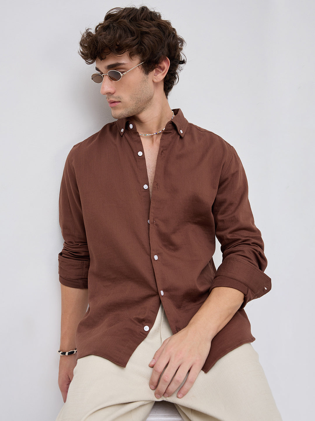 Warm Brown Herringbone Textured Button-Down Shirt