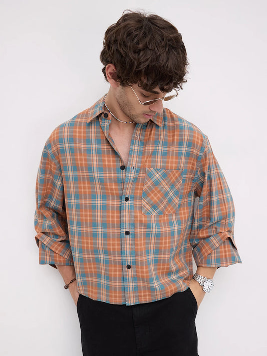 Warm Denim Clay Plaid Checks Cuffless Oversized Crop Shirt